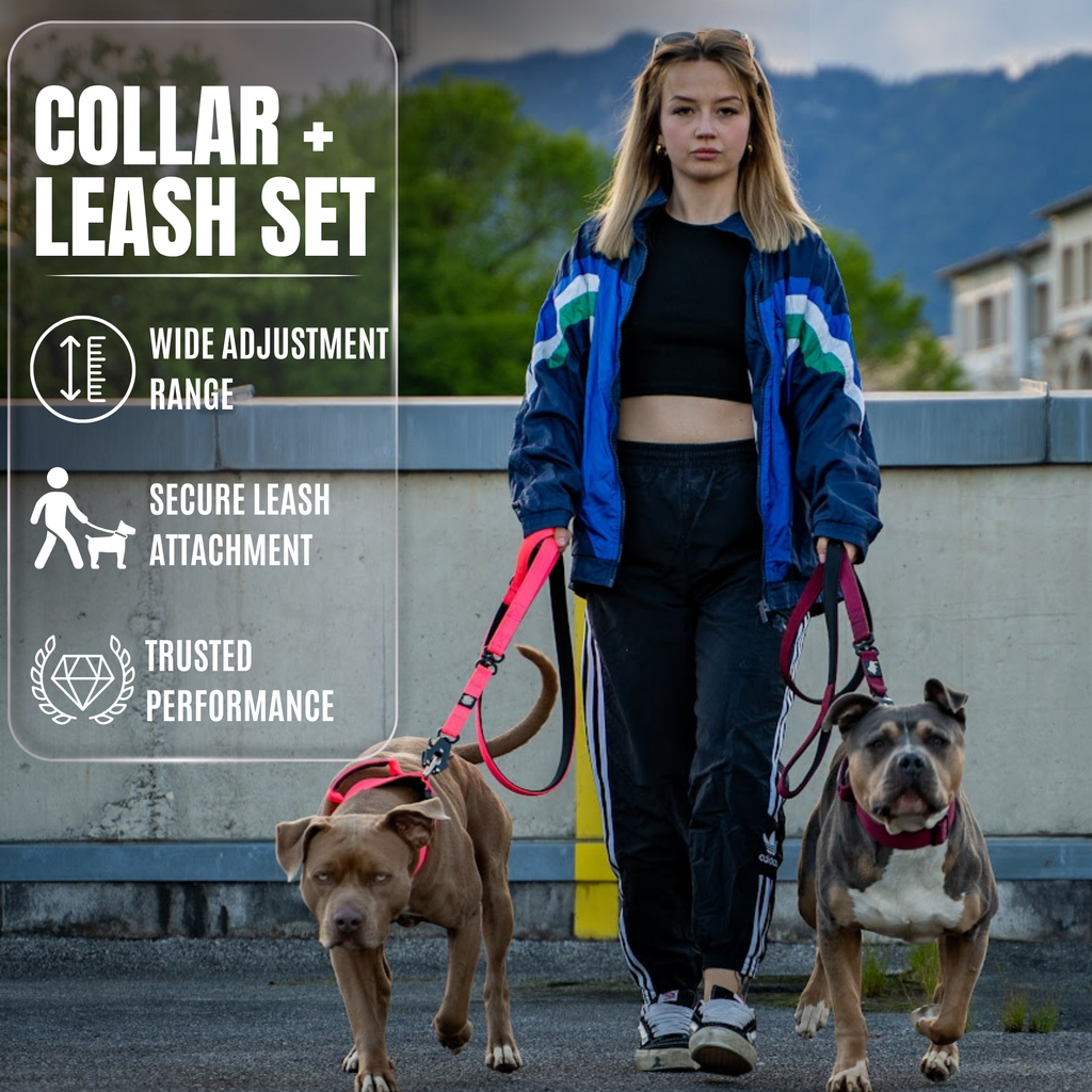 Heavy duty dog collar and double handle leash set