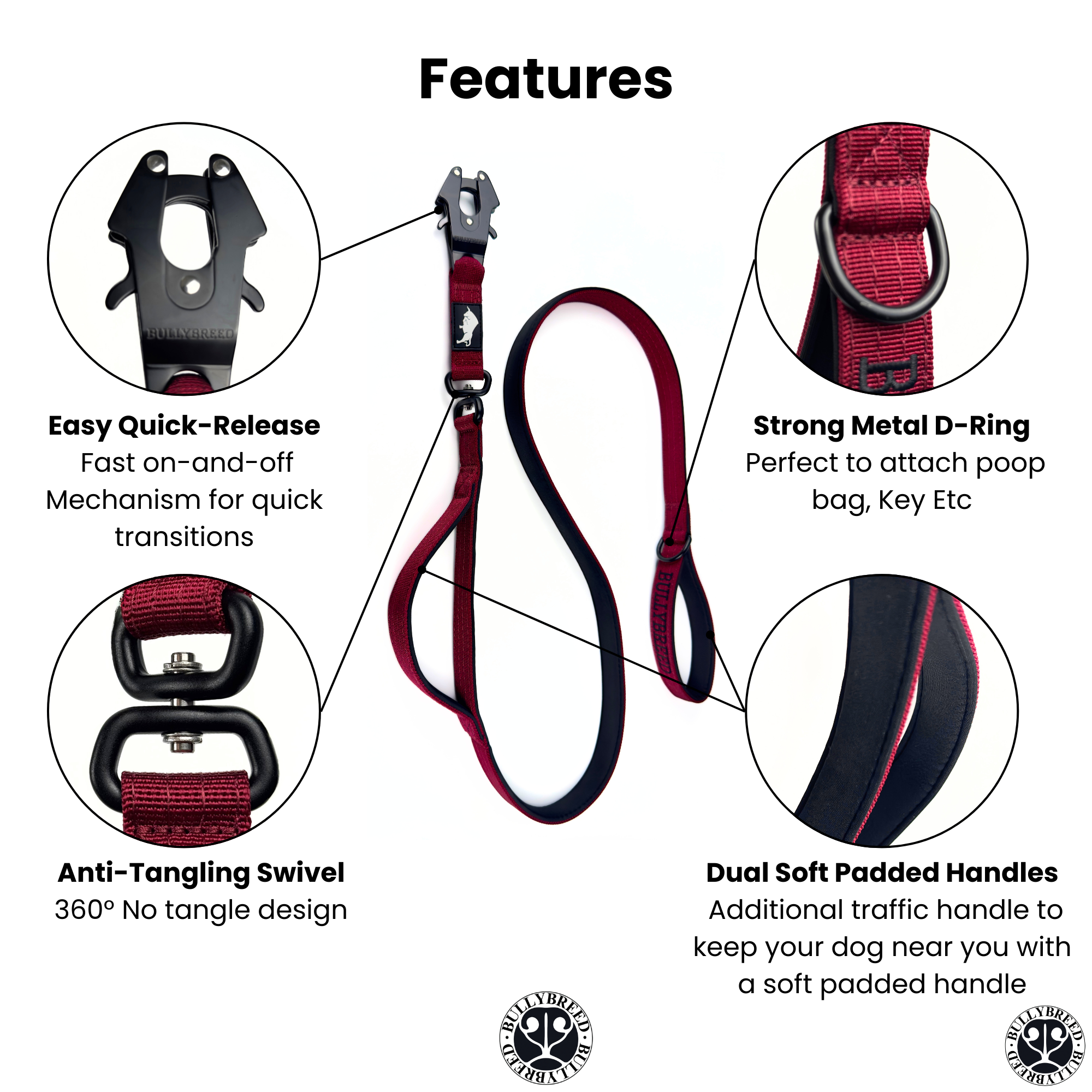 Double Handle Dog Leash 5 FT - Maroon Red